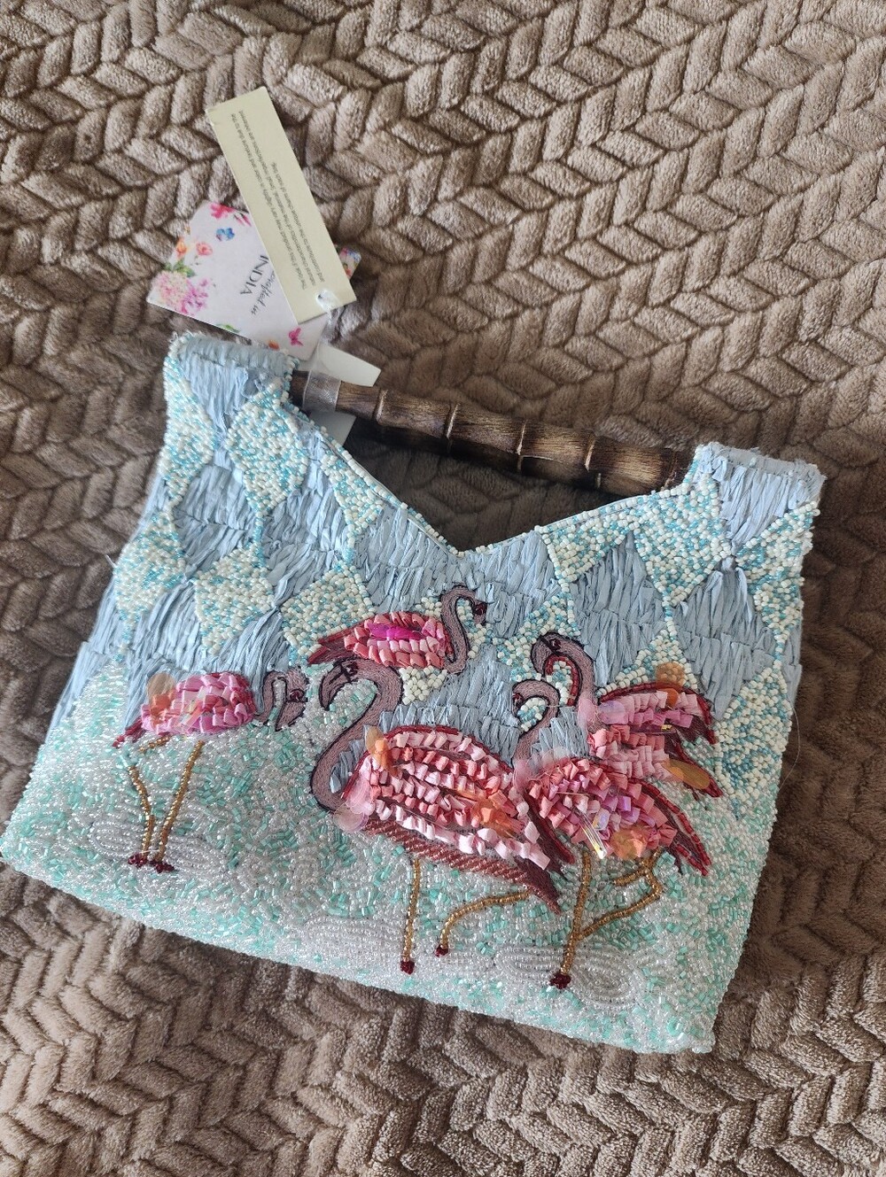 NWT Viral Beaded Tropical Pink Flamingo Embroidered Womens Handbag